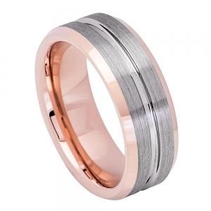 Rose Gold IP Plated Inside & Gun Metal Grooved Brushed Center - 8MM Band